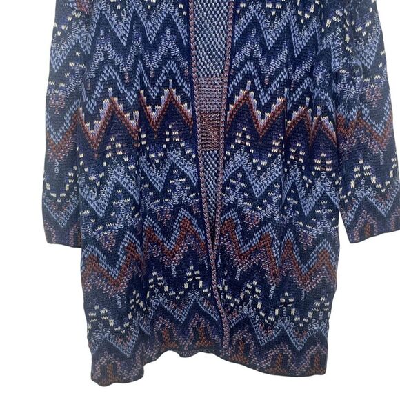 Lucky Brand Open Cardigan Knit Sweater L Wool Blend Aztec Chevron Print Blue - Picture 3 of 7